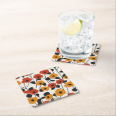 はっきりしたレトロ花柄レッド、オレンジ、ブラック スクエアペーパーコースター (インサイチュ)