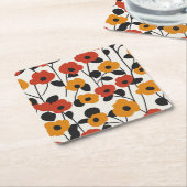 はっきりしたレトロ花柄レッド、オレンジ、ブラック スクエアペーパーコースター (アングル)