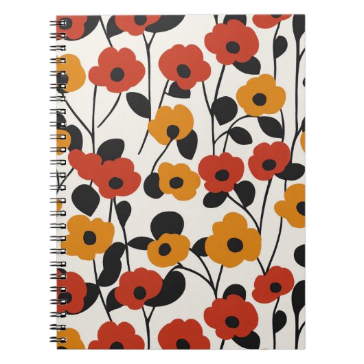 はっきりしたレトロ花柄レッド、オレンジ、ブラック ノートブック (正面)