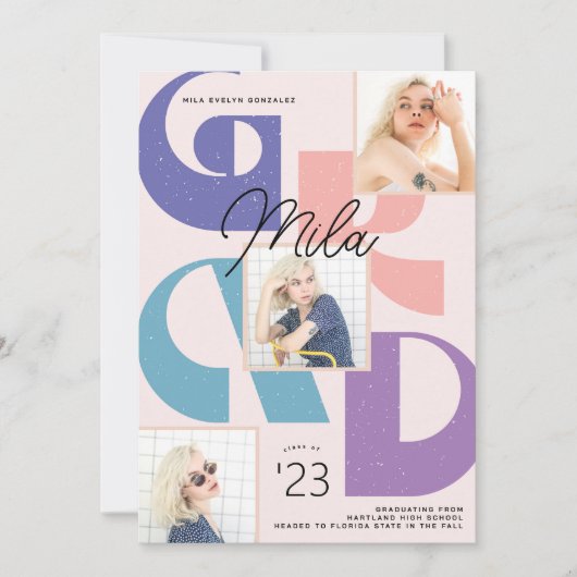 はっきりしたレトロ3写真の卒業発表 案内状 (正面)