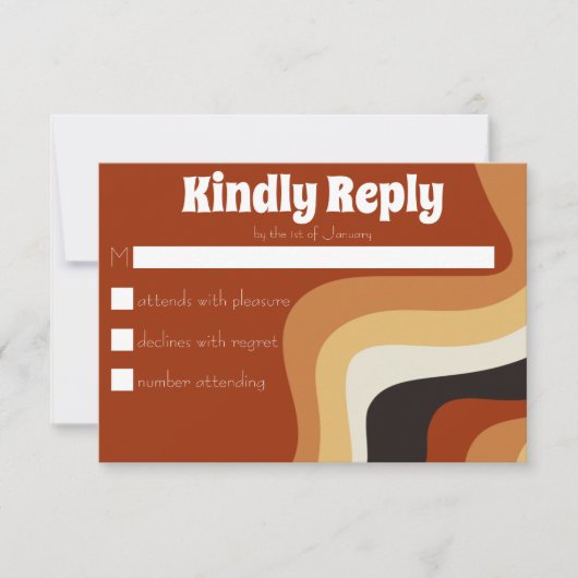 はっきりしたレトロGroovy 70s波形オレンジブラウン結婚ズ 出欠カード (正面)