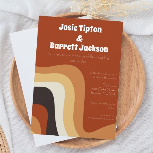 はっきりしたレトロGroovy 70s波形オレンジブラウン結婚ズ 招待状