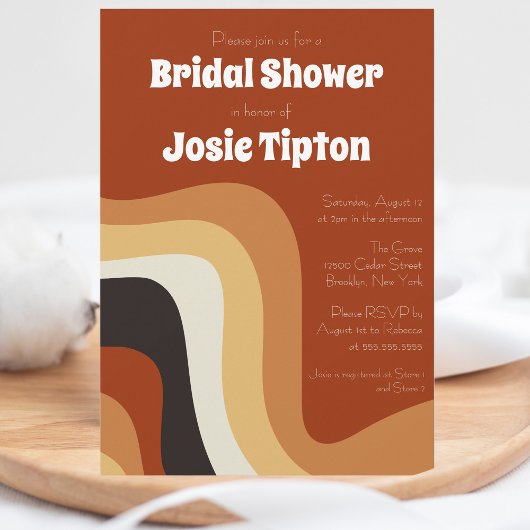 はっきりしたレトロGroovy 70s焼きオレンジブライダルシャワー 招待状