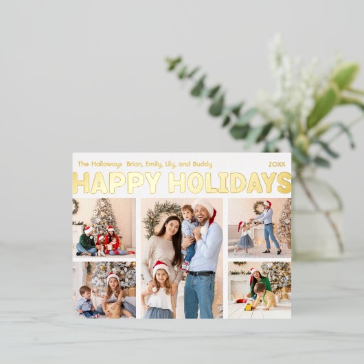 はっきりしたレビューモダン年5枚の写真ハッピー金ゴールド 箔シーズンポストカード (立ち正面)