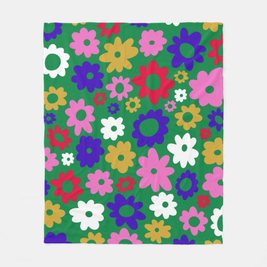 はっきりしたヴィンテージフローラ鮮やか緑よくはしゃぐ花 フリースブランケット (正面)