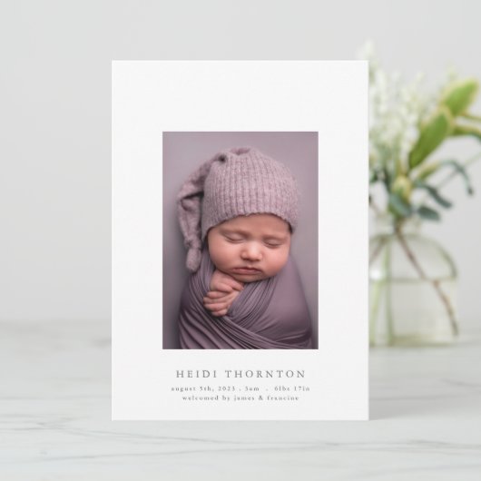 はっきりした写真シンプルベビー誕生の発表 案内状 (スタンド正面)