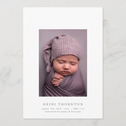 はっきりした写真シンプルベビー誕生の発表 案内状 (正面)