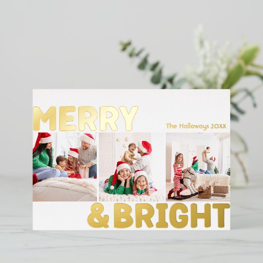 はっきりした写真モダン3メリー枚、金ゴールド 箔シーズンカード (立ち正面)