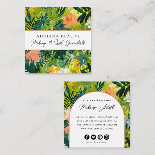 はっきりした抽象芸術カラフルフローラメイクアップアーティスト スクエア名刺 (正面/裏面)