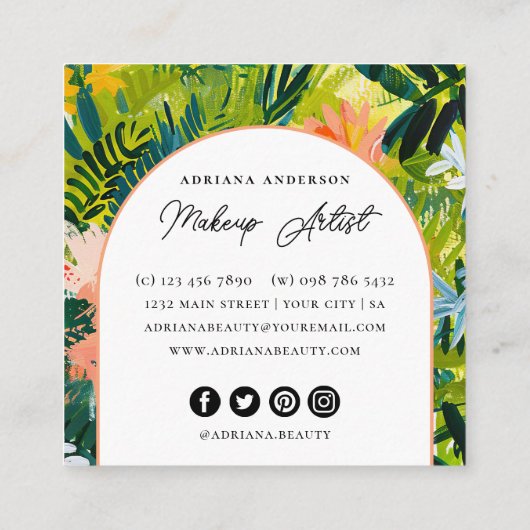 はっきりした抽象芸術カラフルフローラメイクアップアーティスト スクエア名刺 (裏面)