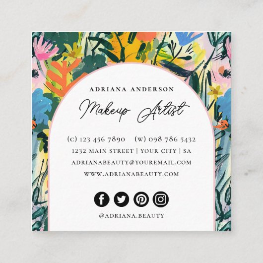 はっきりした抽象芸術カラフルフローラメイクアップアーティスト スクエア名刺 (裏面)