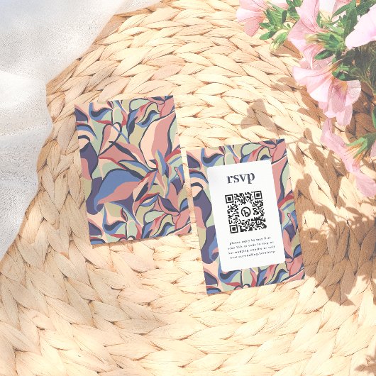 はっきりした抽象芸術カラフルフローラQRコード結婚式RSVP エンクロージャーカード