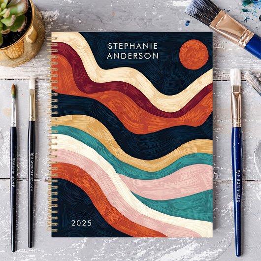 はっきりした抽象芸術ブラッシュストローク波太陽名前をカスタムする プランナー手帳