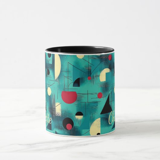 はっきりした抽象芸術幾何 – パーソナライズされたティール(緑がかった色)と赤 マグカップ (中央)