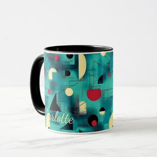 はっきりした抽象芸術幾何 – パーソナライズされたティール(緑がかった色)と赤 マグカップ (正面左)