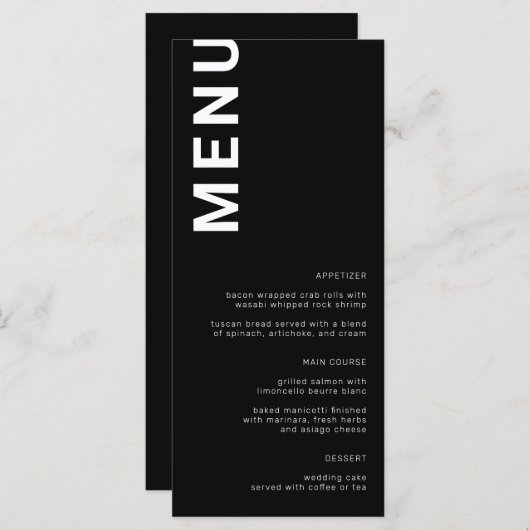 はっきりした文字ミニマル黒のメ結婚ニュー メニュー (正面/裏面)