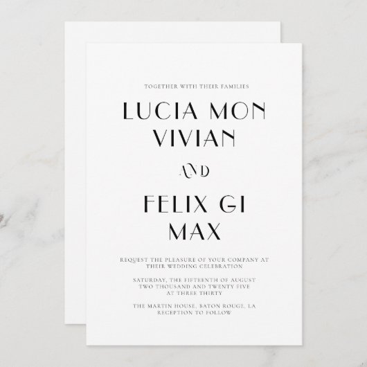 はっきりした文字白黒シックモダン結婚ズ 招待状 (正面/裏面)