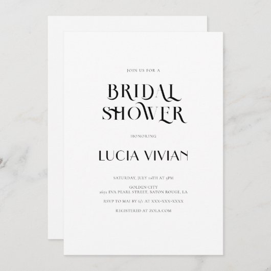 はっきりした文字白黒モダンブライダルシャワー 招待状 (正面/裏面)