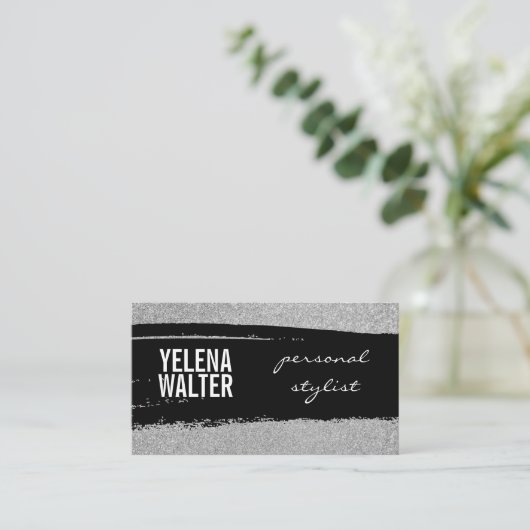 はっきりした文字/ブラックスブラシグリッター/ (シルバー) 名刺 (スタンド正面)