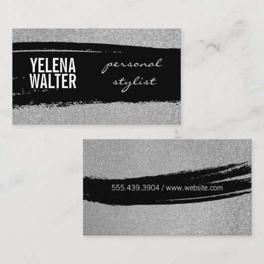 はっきりした文字/ブラックスブラシグリッター/ （シルバー） 名刺 (正面/裏面)