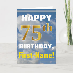 はっきりした曇り空フェイク、金ゴールド75番目の誕生日+名前 カード