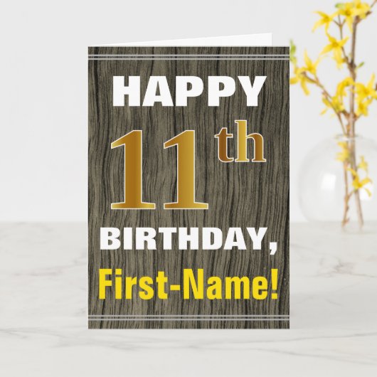 はっきりした木フェイク材、フェイク金ゴールド11誕生日+名前 カード (黄色い花)