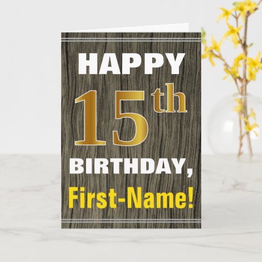 はっきりした木フェイク材、フェイク金ゴールド15誕生日+名前 カード (黄色い花)
