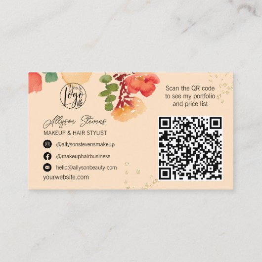 はっきりした桃フローラ金ゴールドメイクヘアロゴqrコード 名刺 (裏面)