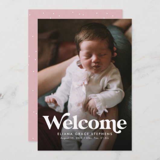 はっきりした歓迎のピンクの写真の誕生 案内状 (正面/裏面)