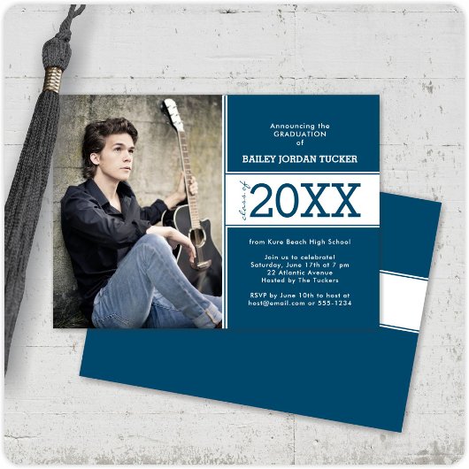 はっきりした深いブルーフォト卒業発表 案内状