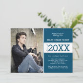 はっきりした深いブルーフォト卒業発表 案内状 (スタンド正面)