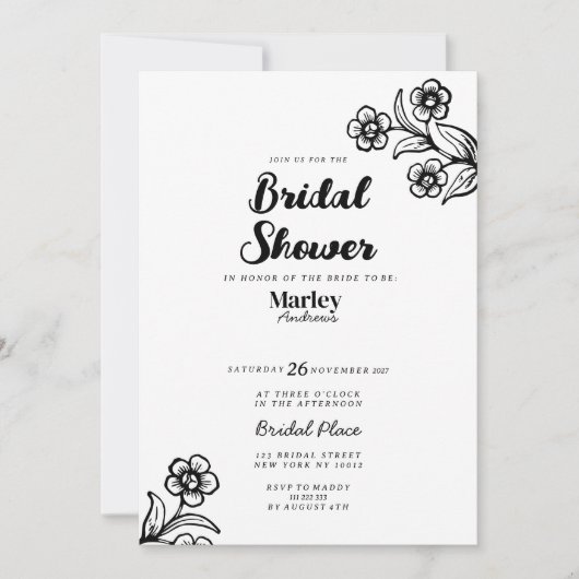 はっきりした白黒タイポグラフィフローラブライダルシャワー 招待状 (正面)