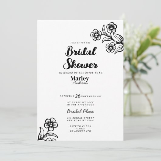 はっきりした白黒タイポグラフィフローラブライダルシャワー 招待状 (スタンド正面)