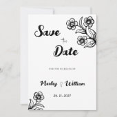 はっきりした白黒タイポグラフィフローラ日付の保存 招待状 (正面)