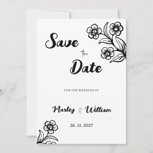 はっきりした白黒タイポグラフィフローラ日付の保存 招待状 (正面)