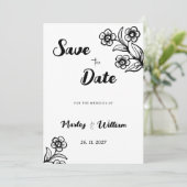 はっきりした白黒タイポグラフィフローラ日付の保存 招待状 (スタンド正面)