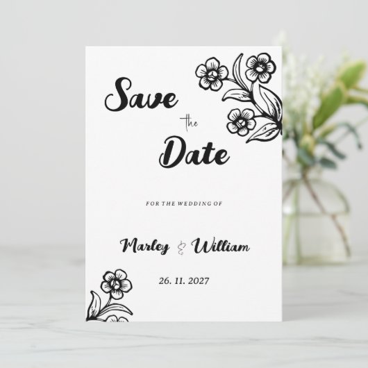 はっきりした白黒タイポグラフィフローラ日付の保存 招待状 (スタンド正面)