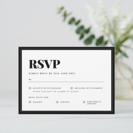 はっきりした白黒ミニマルタイポグラフィ結婚ズ 出欠カード (スタンド正面)