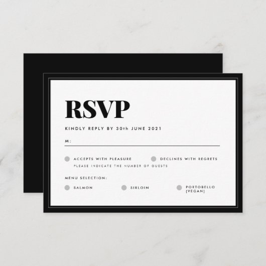 はっきりした白黒ミニマルタイポグラフィ結婚ズ 出欠カード (正面/裏面)