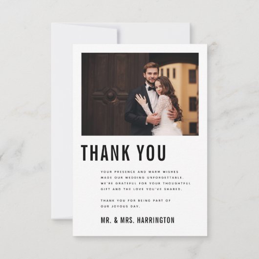 はっきりした白黒モダンミニマル写真結婚ズ サンキューカード (裏面)
