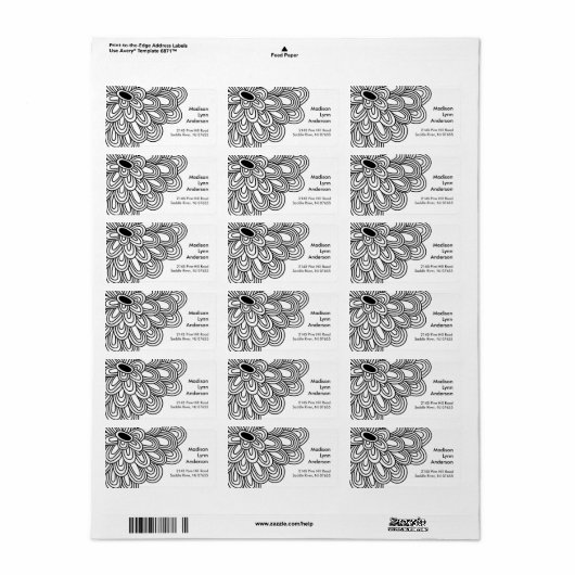 はっきりした白黒花差出人住所ラベル。 ラベル (フルシート)