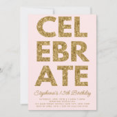 はっきりした祝金ゴールドグリッター誕生日 招待状 (正面)