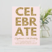 はっきりした祝金ゴールドグリッター誕生日 招待状 (スタンド正面)