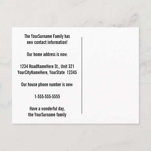 "はっきりした私達は持っています新しい住所を!" 郵便はがき 案内ポストカード (裏面)