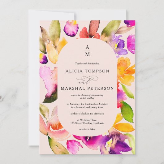 はっきりした秋オーバーサイズフローラ水色結婚写真 招待状 (正面)