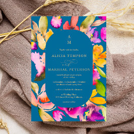 はっきりした秋オーバーサイズフローラ水色結婚写真 招待状