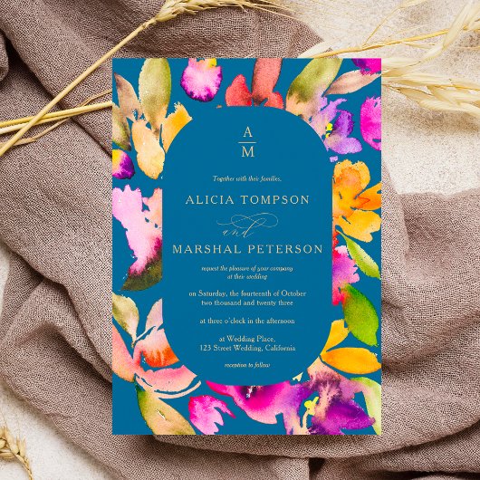 はっきりした秋オーバーサイズフローラ水色結婚写真 招待状