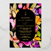 はっきりした秋オーバーサイズフローラ水色結婚写真 箔招待状 (正面)