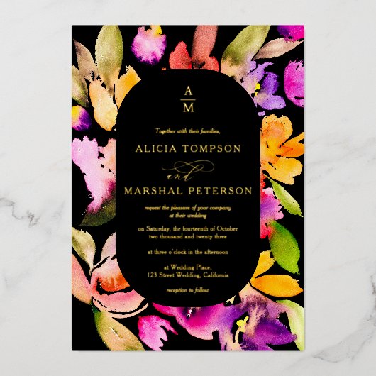 はっきりした秋オーバーサイズフローラ水色結婚写真 箔招待状 (正面)