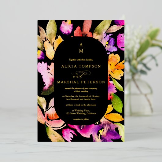 はっきりした秋オーバーサイズフローラ水色結婚写真 箔招待状 (立ち正面)